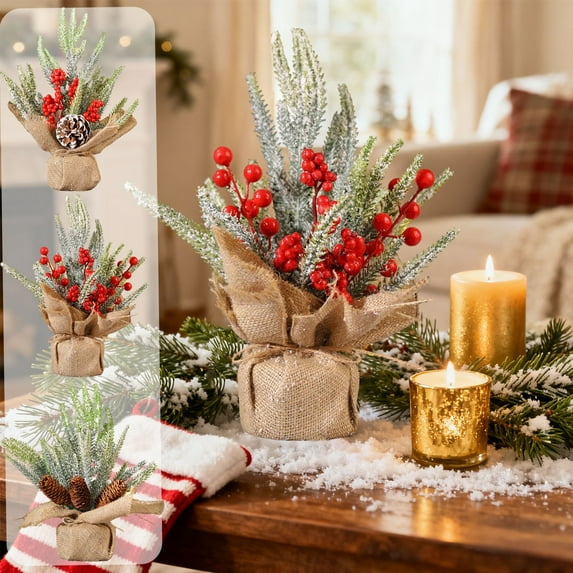 Artificial Christmas Tree Table Decoration,Mini Snow Dusted Pine with Red Berries Pinecones,Artificial Burlap Wrapped Tabletop Xmas Trees for Home Office Room Holiday Decor