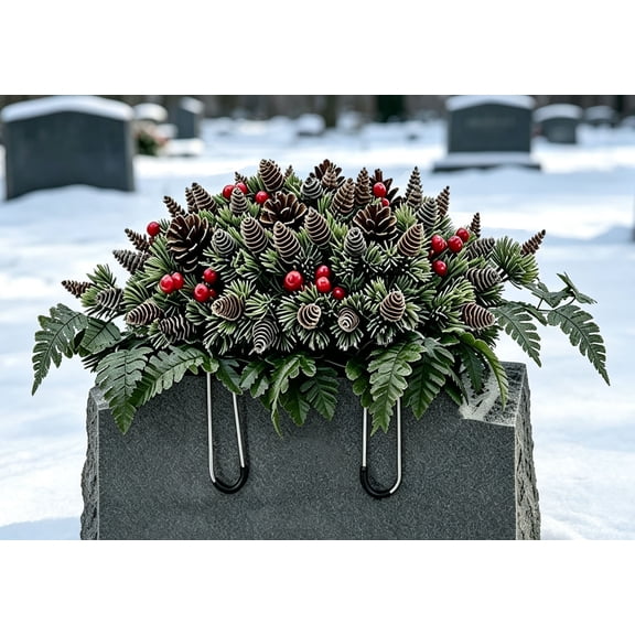 Artificial Christmas Winter Pinecone Cemetery Flowers Outdoor Grave Decorations Saddle for Headstone,Outdoor Tombstone Memorial Decorations, Easy Fit (Colorful-A)