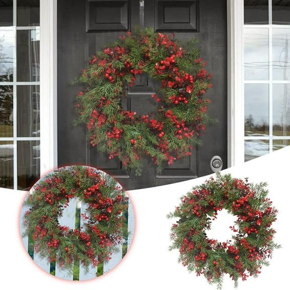 Artificial Christmas Wreath 18 Inch Winter Green Pine Needle Wreath with Realistic Red Berries and Cedar Leaves for Front Door Wall Indoor Outdoor Xmas Holiday Home Decorations Festive Winter Decor