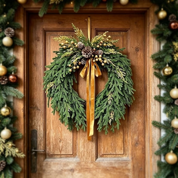 Artificial Christmas Wreath, 24 Inch Real Touch Pine Cedar Greenery Wreaths with Golden Berries & Velvet Bow, Winter Garland for Front Door Window Mantle Outdoor Indoor Christmas Decor