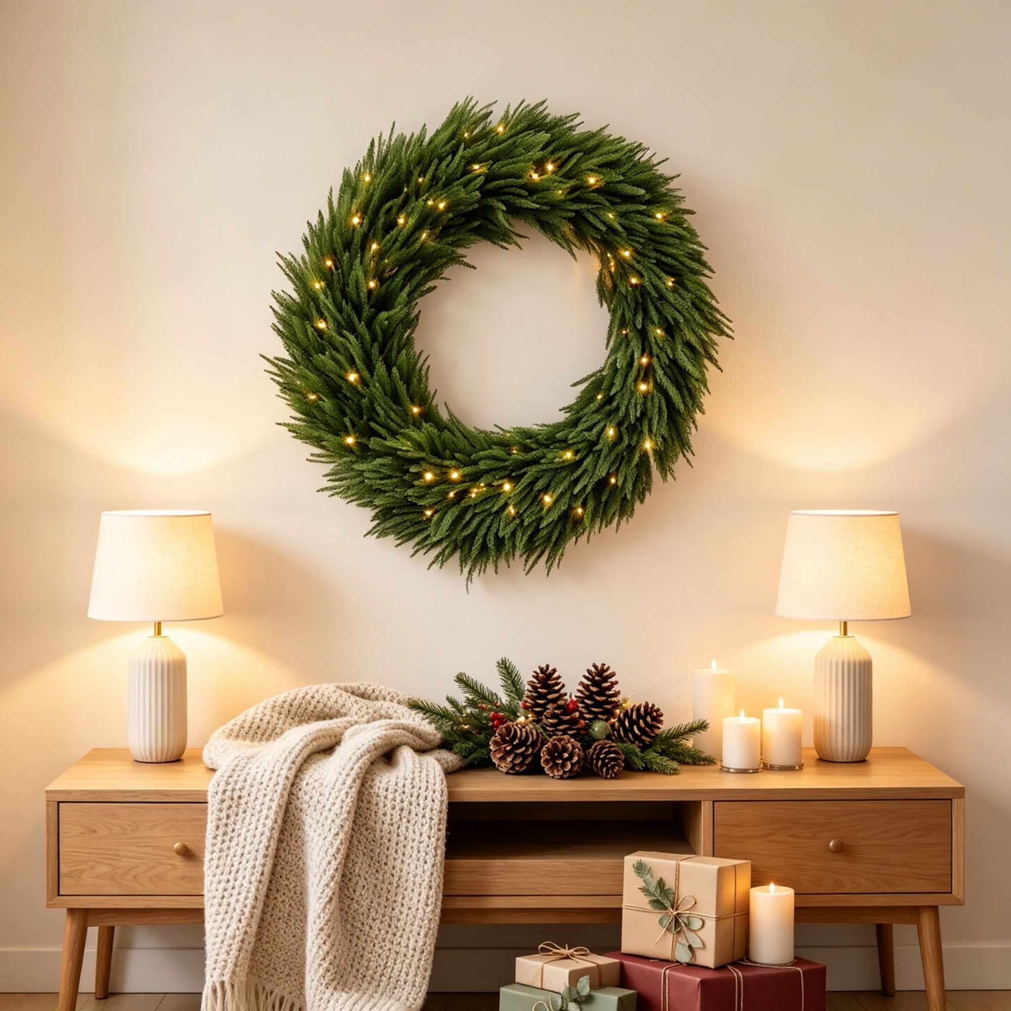 Artificial Christmas Wreath, 36 in Norfolk Pine Design with 100 Warm White LED Lights, 560 Branch Tips, Steel Frame, Indoor and Covered Outdoor Use