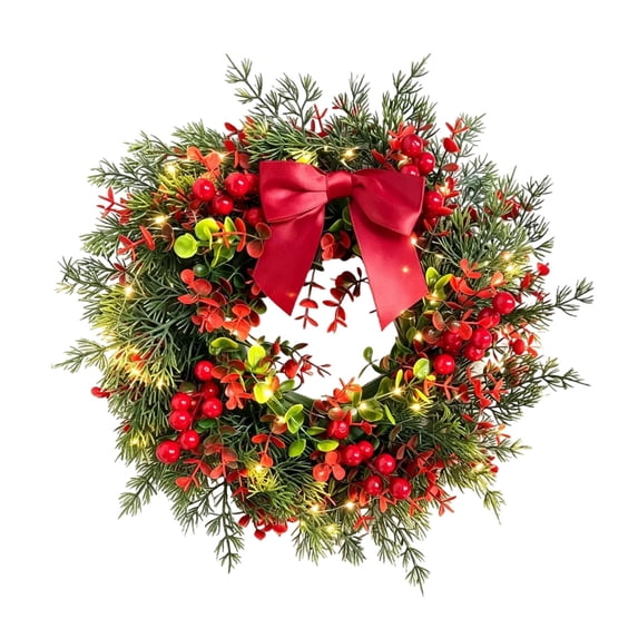 Artificial Christmas Wreath, Lighted Christmas Door Decor With Pine needles Red Bow Clusters,Warm White Light Christmas Decor, Festive Holiday Wreath For Fireplace Window Front Door Porch Home