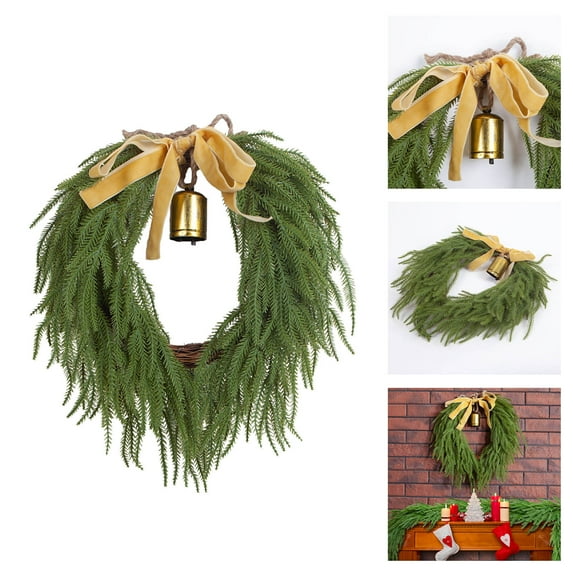 Artificial Christmas Wreath - Realistic Pine & Cedar Wreath with Velvet Ribbon and Rustic Bells, Holiday Garland for Front Door, Indoor Outdoor Home & Porch Decor