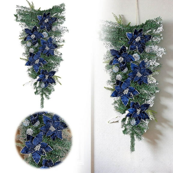 Artificial Christmas Wreath Teardrop Swag with Blue Poinsettia Glitter Velvet Gold Leaves, Xmas Holiday Garland for Front Door Decor,Winter Festive Hanging for Outdoor Stairway Wall Home Celebration