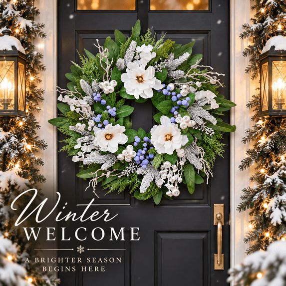 Artificial Christmas Wreath, White Flowers, Frosted Pine, Purple Berries, Greenery, 24 Inch