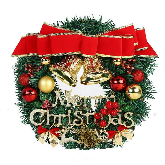 Artificial Christmas Wreath for Front Door 40cm Xmas Wreath with Bell, Red Bow for Wall, Fireplace, Window and Xmas Tree Decorations a8