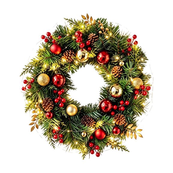 Artificial Christmas Wreath with Ball Ornaments,Pinecones and Red Berries,Holiday Front Door Decoration