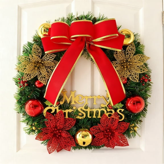 Artificial Christmas Wreaths For Front Door 15.7" Winter Wreaths For Indoor And Outdoor Merry Christmas Decorations Norfolk Pine Door Wreath With Red Berries & Bow(Red-40X40Cm)