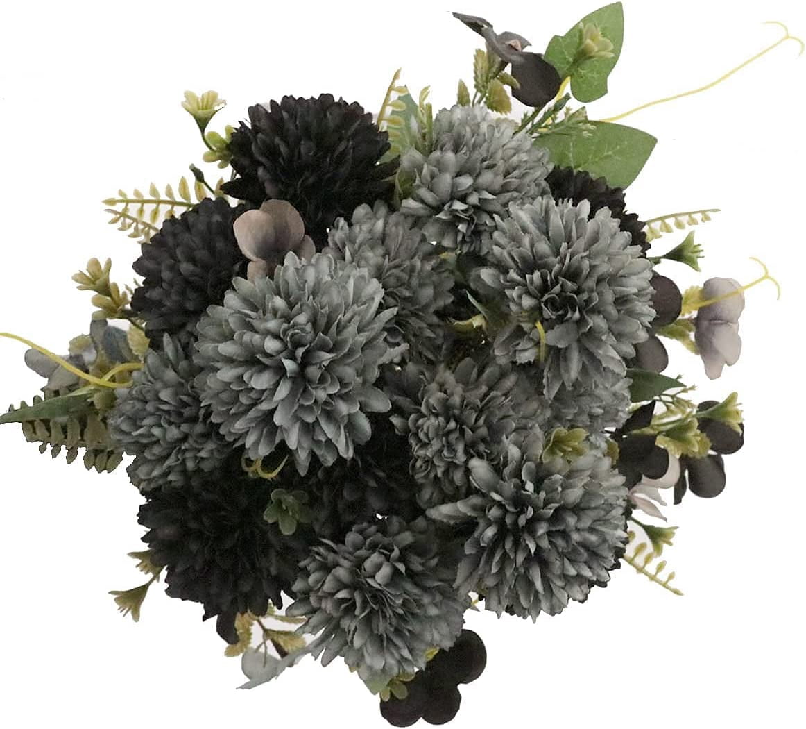 Artificial Chrysanthemum Ball Flowers - 3pcs Realistic Silk Flower with Stems&Leaves for Wedding, Party, House Decoration, Table Centerpieces Flowers (Black, Gray)