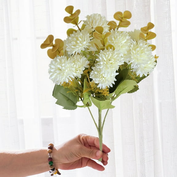Artificial Chrysanthemum Balls with Green Leaves, Fake Plastic Simulation Head Ball Chrysanthemum Decoration, Flower Heads Bouquet, Rustic Flowers Chrysanthemum Flower Arrangement for Table Vase