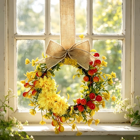 Artificial Chrysanthemum Berry Wreath with Linen Bow, Small Rattan Hanging Ring Fall Door Decor 23cm