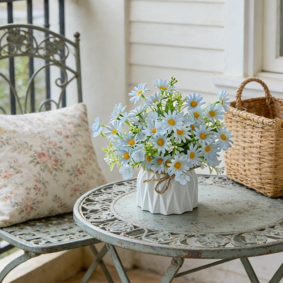 Artificial Chrysanthemum Flowers Artificial Bouquet Potted Plants for Home Decor Living Room Dining Table Coffee Table Centerpiece - Silk Faux Floral Arrangement with Vase 1 Pack