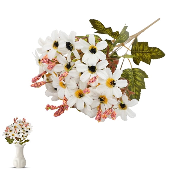 Artificial Chrysanthemum Flowers, Lifelike Faux Seven Ear Mums Bouquet in Vase, Real Touch Home Decor for Living Room, Farmhouse, Wedding Centerpiece and Entrance Decoration