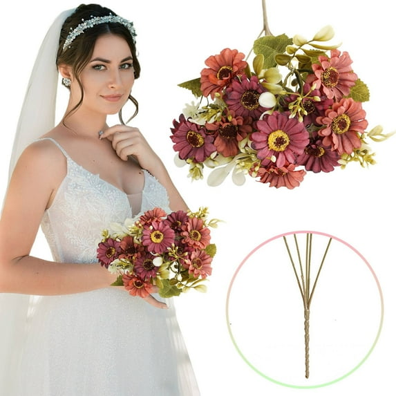 Artificial Chrysanthemum Verdsylv 1 Stem Artificial Chrysanthemum Flower with 10 Heads - Autumn Color Daisy Bouquet for Home Table Wedding Party Fall Decoration, Autumn Floral Decor, Red