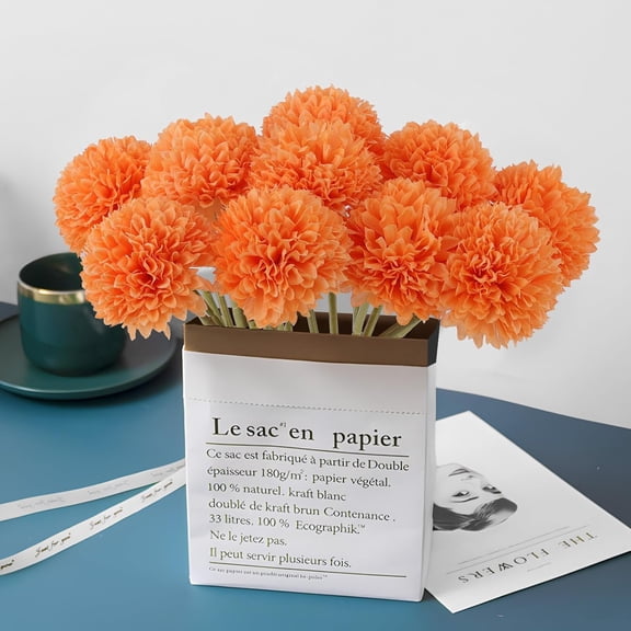 Artificial Chrysanthemums Fall Flowers Silk Orange Marigolds Flowers Fake Mums Flower for Autumn Dia de Los Muertos Diwali Day of The Dead Home Decor (10, Orange)