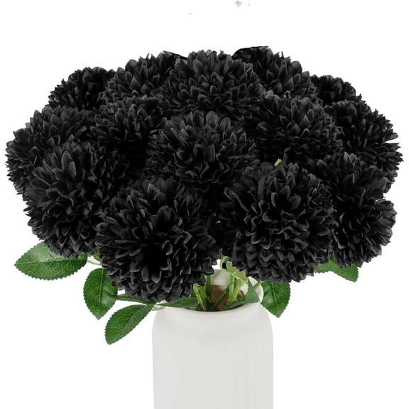 Artificial Chrysanthemums Flowers Ball Flowers, Fake Mums Flowers Black Silk Plants for Ghothic Home Decor Indoor Floral Arrangement Halloween Table Centerpiece (, Black)