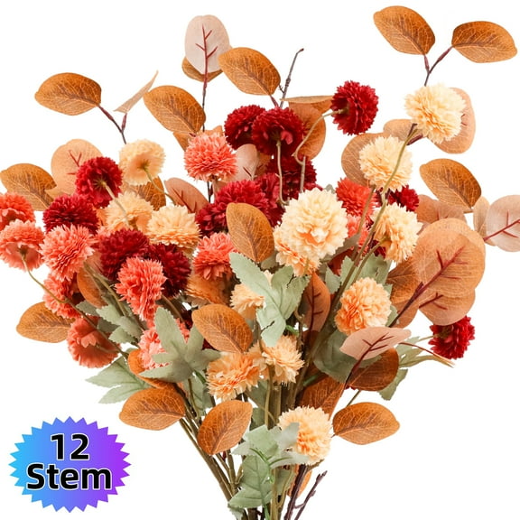 Artificial Chrysanthemums Flowers Eucalyptus 12 Pcs, Faux Kiku Flowers Silk Flowers with Stems - Home Wedding Table Vase Garden Decor (Orange Red)