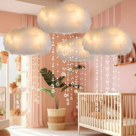 Artificial Cloud Props LED Hanging Cloud Light String Fake Imitation 3D Cotton Classroom School Decor Raindrop for Room Ceiling Baby Shower Party Wedding Nursery Classroom Wall DIY Decor(4 Pcs)