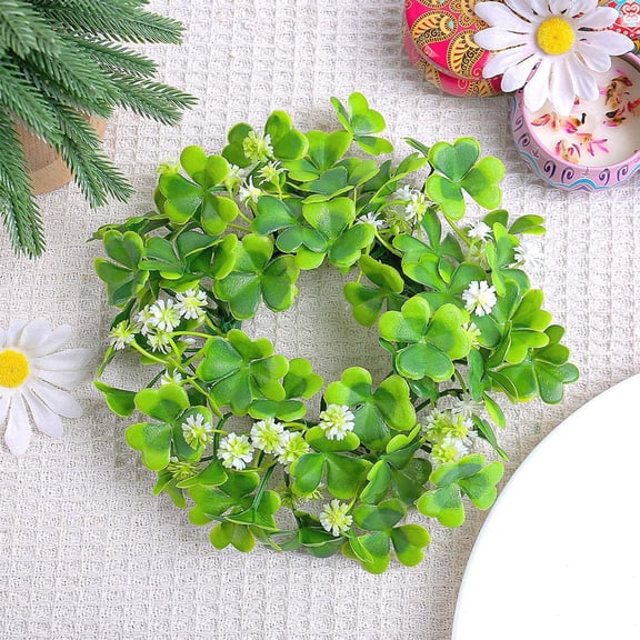 Artificial Clover Candlestick Wreath, 10 Inch Greenery Wreath with White Mini Flowers, for Table Candlestick, Front Door, Wall, Farmhouse Home Decor, Spring Summer St. Patrick's Day Decoration
