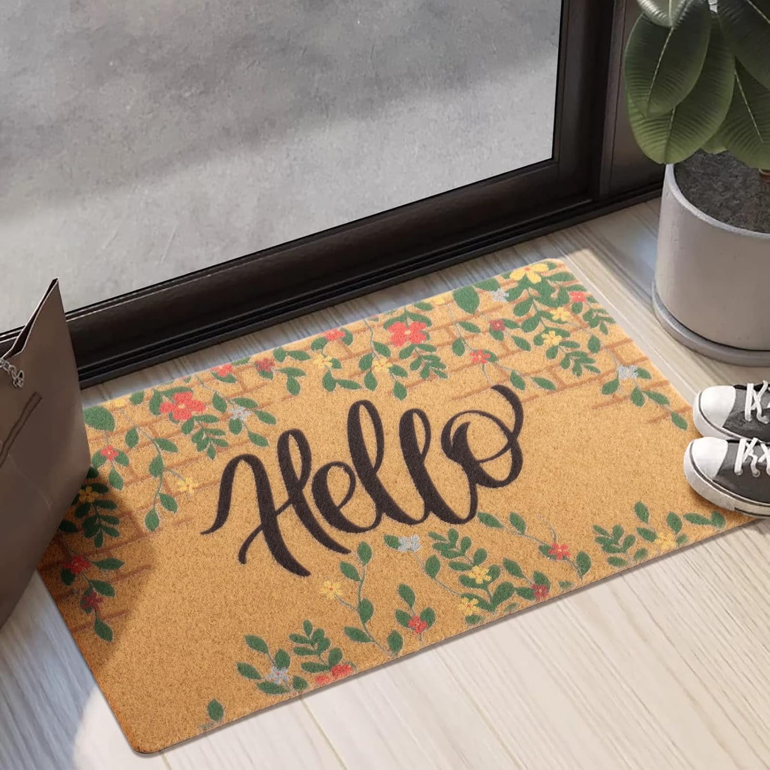 Artificial Coir Doormat with Non-Slip Backing for Indoor and Outdoor 17 x 30 inch Front Door Welcome Mat Spring Summer Seasonal Doormat, Hello Flower Wall
