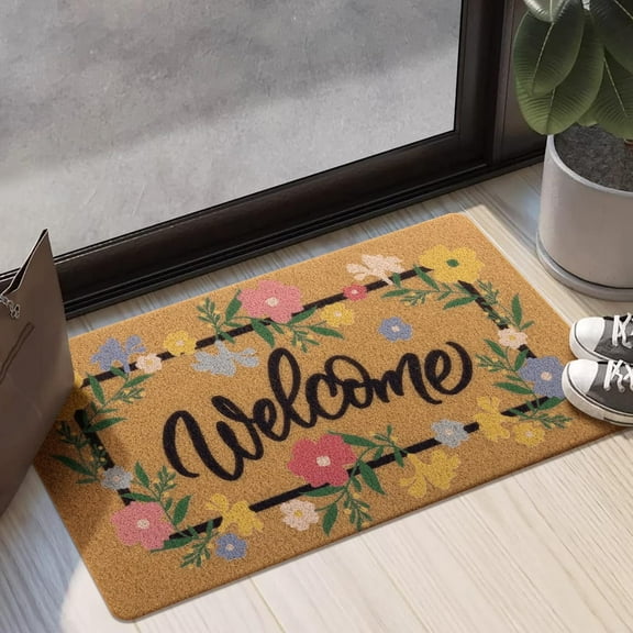 Artificial Coir Doormat with Non-Slip Backing for Indoor and Outdoor 17 x 30 inch Front Door Welcome Mat Spring Summer Seasonal Doormat, Welcome Flower Garland