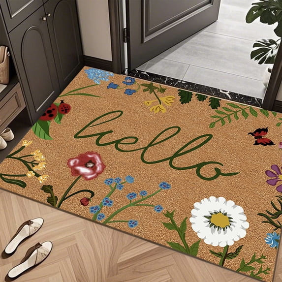 Artificial Coir Floral Doormat Sturdy Dirt Trapping Outdoor Mat Non Slide Welcome Floor Rug For Front Entryway