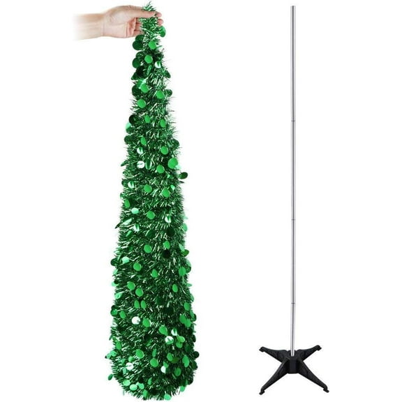 Artificial Collapsible Tinsel Christmas Trees, Wedding Home Party Decorative Tree, Glittering Sparking Xmas Decoration Tree Sequin Bling Pop Up Xmas Tree w/Stand