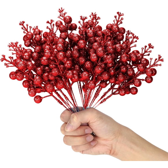 Artificial Colorful Berry Stems, 24 Pack 8.7" Christmas Glitter Berries Stems Artificial Fruit Berry Holly Flower Branch Picks Home Holiday Wedding Party DIY Christmas Tree Crafts Decor