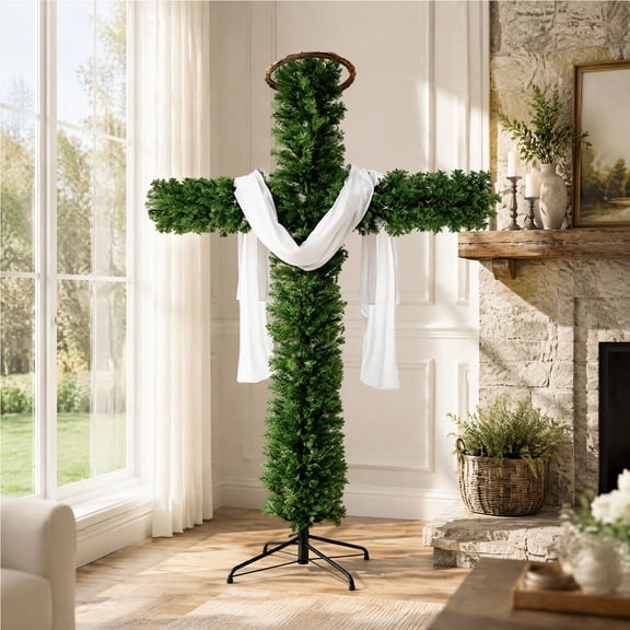 Artificial Cross Shaped Christmas Tree 59.2 in Freestanding Green Pine Branch with White Draped Cloth and Top Wreath, Religious Holiday Decor for Home Chapel Easter Christmas Indoor Decoration