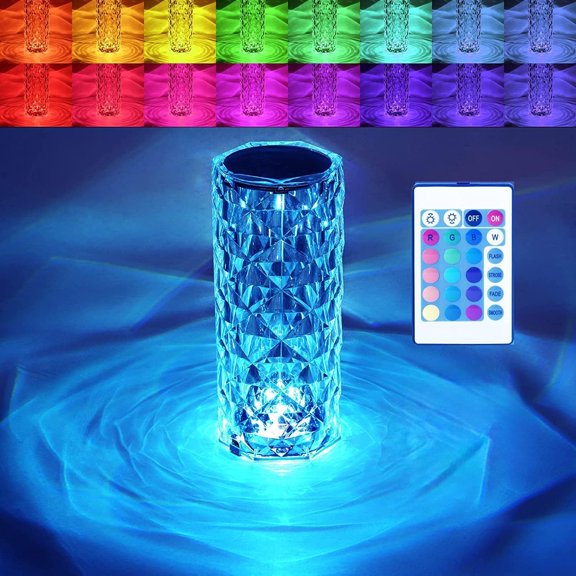 Artificial Crystal Table Lamp, 2 Pack RGB Color Changing Night Lights with Remote & Touch Control, 3D Rose Projection for Bedroom Living Room Decor