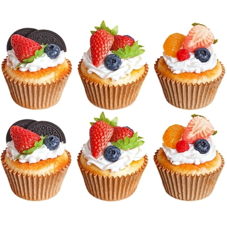 Home Decor, Kitchen, & OtherArtificial Cupcake Display Model, Realistic PU Faux Cupcakes, Includes 6 Pieces with Fruit and Cream Decoration, Brown Wrinkled Cupcake Liners, Ideal for Photography, Art