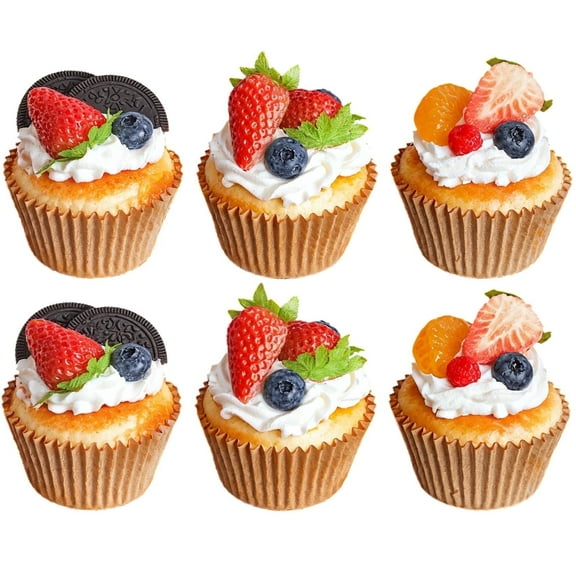 Home Decor, Kitchen, & OtherArtificial Cupcake Display Model, Realistic PU Faux Cupcakes, Includes 6 Pieces with Fruit and Cream Decoration, Brown Wrinkled Cupcake Liners, Ideal for Photography, Art
