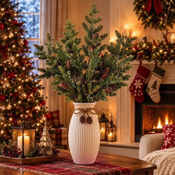 Artificial Cypress Branches with Pine Cones 35.4 In Faux Greenery stems for Christmas Home Decor Tabletop Vase Arrangement Fillers
