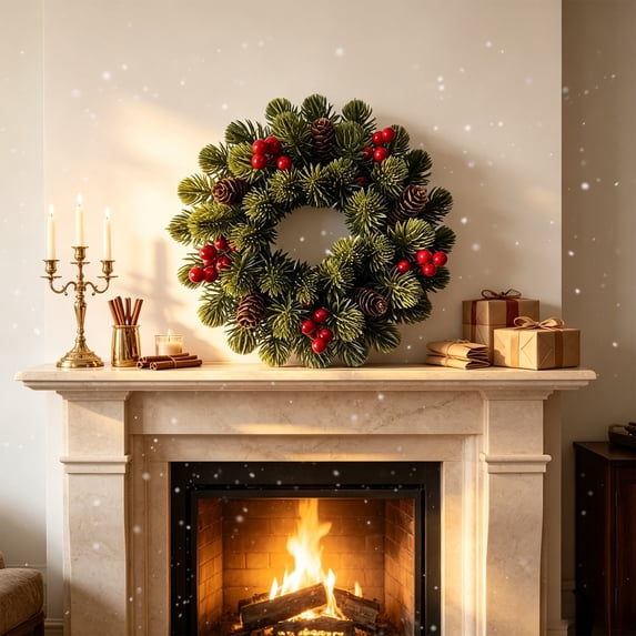 Artificial Cypress Christmas Wreath Pinecone Red Berry Front Door Hanging Holiday Decor