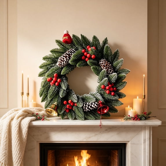 Artificial Cypress Christmas Wreath Pinecone Red Berry Front Door Hanging Holiday Decor