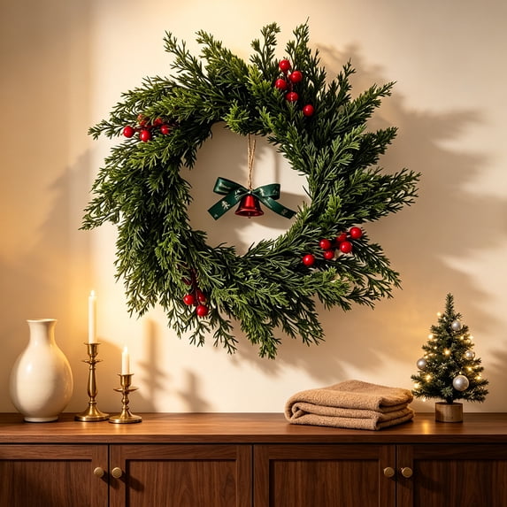 Artificial Cypress Christmas Wreath Pinecone Red Berry Front Door Hanging Holiday Decor