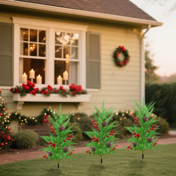 Artificial Cypress Pine Branch Tree with Red Berries Pine Cones Ground Stake Tree for Christmas Yard Patio Decor