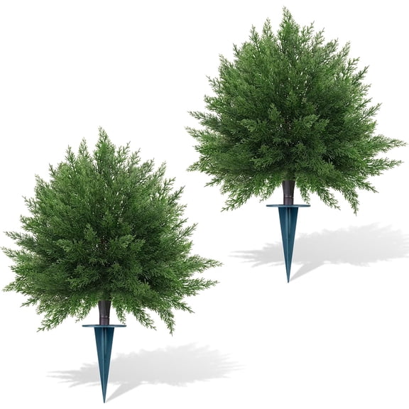 Artificial Cypress Topiary Ball Trees 23" with Ground Spike, 2 Pack Fake Shurbs Artificial Bushes for Outdoors, UV Resistant Faux Evergreen Plants for Indoor Front Porch Garden