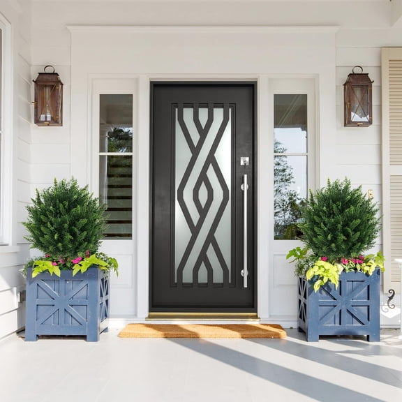 Artificial Cypress Topiary Plants 21-Inch Set of 2, Faux Cedar Bushes with Ground Spike, UV Resistant Fake Shrubs for Porch, Garden, or Outdoor Home Decor