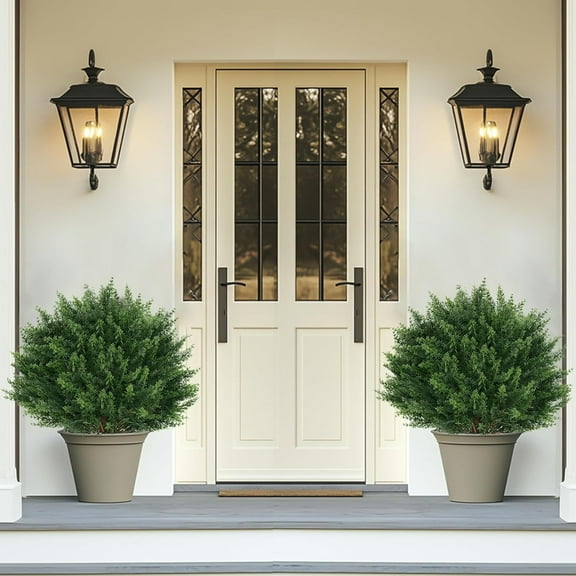 Artificial Cypress Topiary Tree with Ground Spike, Set of 2 Fake Evergreen Shrubs for Outdoor Planters Indoor