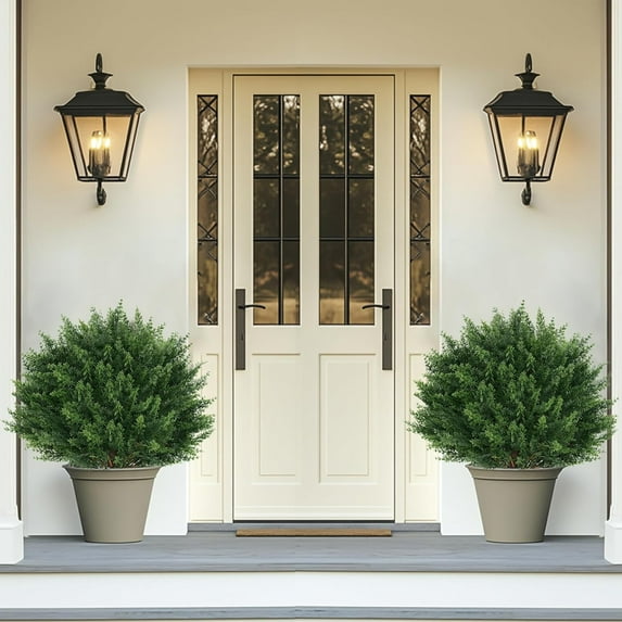 Artificial Cypress Topiary Tree with Ground Spike, Set of 2 Resistant Fake Plants for Porch Outdoor Indoor Decor