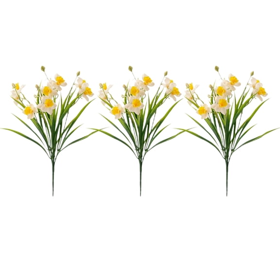 Artificial Daffodil Flowers 3 Stems Fake Narcissus Bouquet for Vase Arrangements, Home Decor Table Centerpiece, Spring Festival Yellow White Plastic