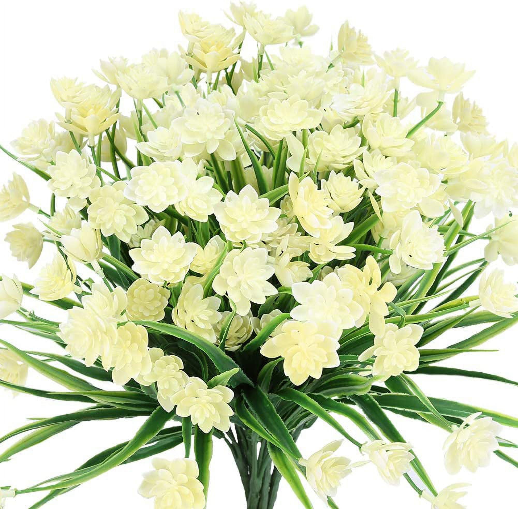 Artificial Daffodils Fake Large Flowers, 4 Bundles White UV Resistant Faux Greenery Foliage Plants Shrubs for Garden, Wedding, Outside Hanging Planter, Farmhouse Indoor Outdoor Decor