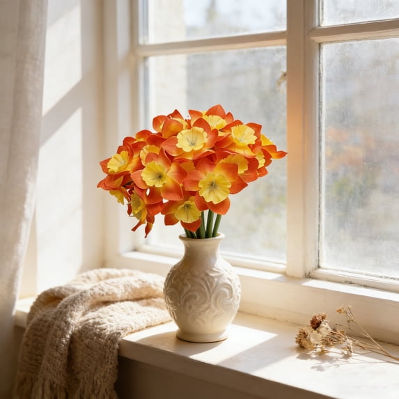 Artificial Daffodils Flowers Bouquet – Realistic Silk Narcissus Florals for Home Decor Wedding Party Office, No Maintenance, Lifelike, Versatile Decoration Orange