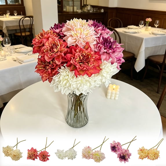 Artificial Dahlia Flowers, 2 Pcs 14.96 In Plastic Bouquet For Table Decor, Yellow