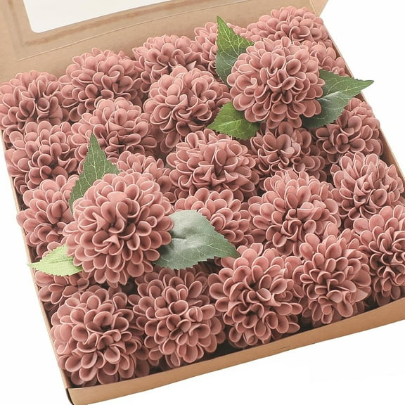 Artificial Dahlia Flowers 25pcs Real Looking Dusty Rose Foam Fake Roses with Stems for DIY Wedding Bouquets Bridal Shower Centerpieces Floral Arrangements Party Tables Home Decoration