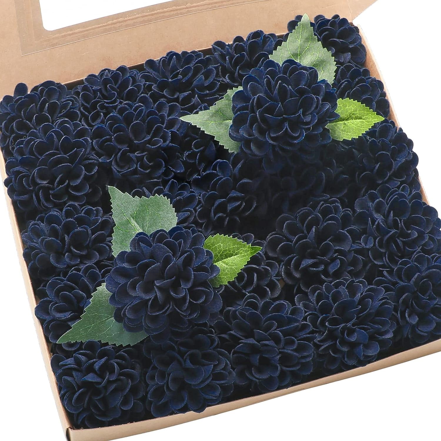 Artificial Dahlia Flowers 25pcs Real Looking Navy Blue Foam Fake Roses with Stems for DIY Wedding Bouquets Bridal Shower Centerpieces Floral Arrangements Party Tables Home Decoration