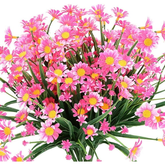 Artificial Daisies Flowers Outdoor UV Resistant 4 Bundles Fake Greenery Faux Plants Shrubs Bushes for Indoor Outside Decor(Pink)