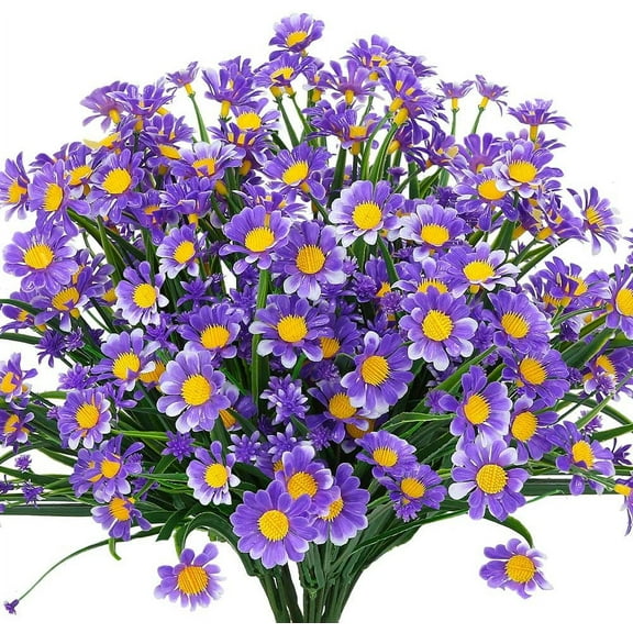 Artificial Daisies Flowers Outdoor UV Resistant 4 Bundles Fake Greenery Faux Plants Shrubs Bushes for Indoor Outside Decor(Purple)