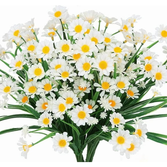 Artificial Daisies Flowers Outdoor UV Resistant 4 Bundles Fake Greenery Faux Plants Shrubs Bushes for Indoor Outside Decor(White)